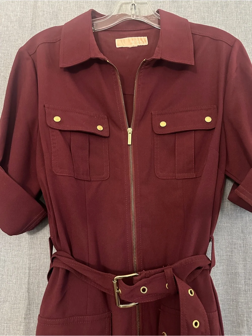 Michael Kors Burgundy Utility Midi Dress with Belt